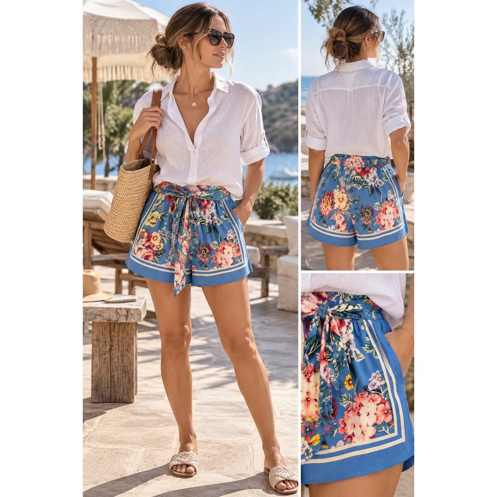 Maeve Anthropologie Blue Scarf Print Floral Tie Waist Shorts Viscose Medium Boho